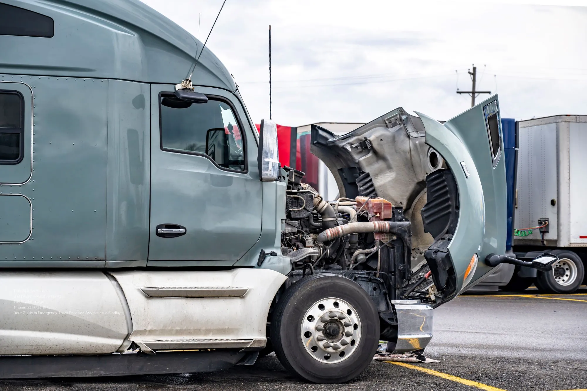 Semi truck with the hood open and engine bay exposed at a truck stop