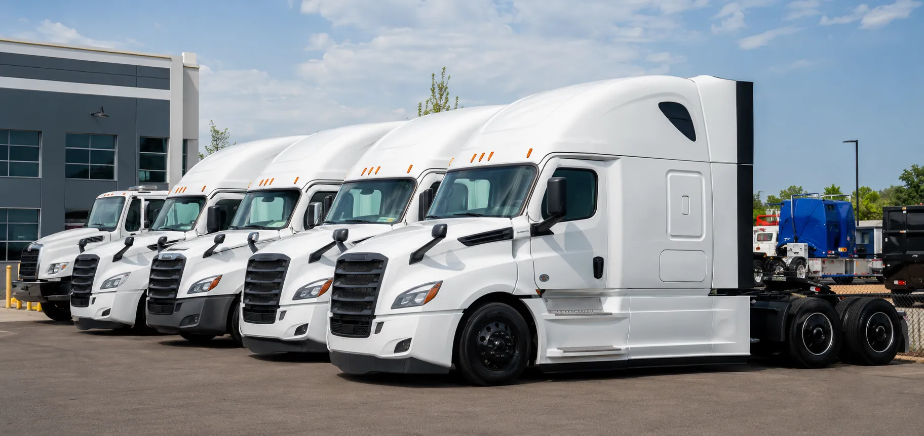 Row of new white semi trucks lined up on a dealership lot